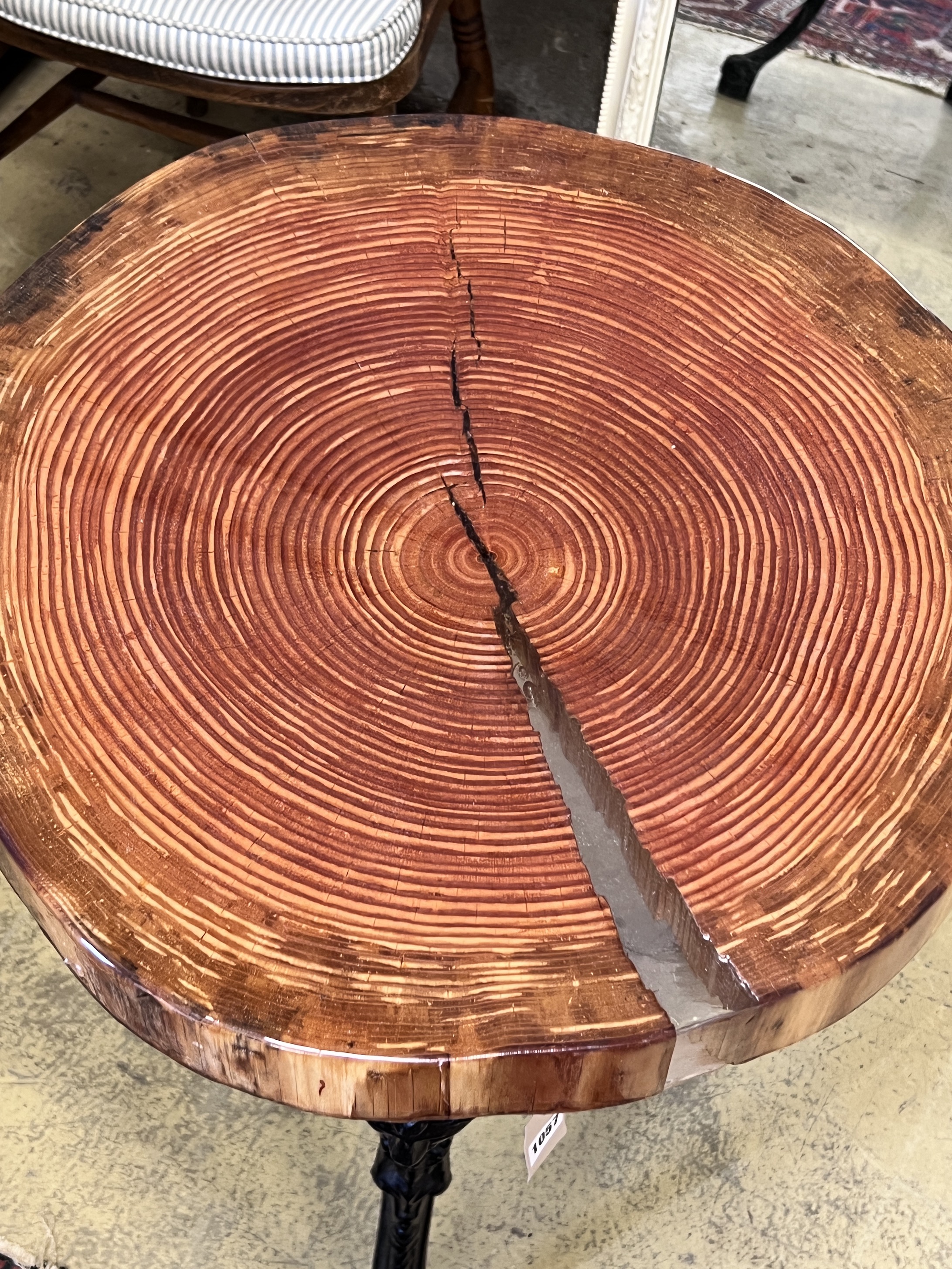 A resin encased cedar wood occasional table with cast iron underframe, diameter 53cm